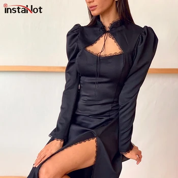 InstaHot Vintage Femei Rochie Eleganta Neagra Tubulare Din Dantela Cu Maneca Lunga De Toamna Split Sexy Casual, Petrecere La Jumătatea Vițel Rochie Retro 2020