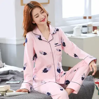 Pijama Seturi pentru Femei Full-length Tipărite de Turn-down Guler de Piele-friendly Pijamale Confortabile, Lejere Feminin de Agrement Moda Homewear