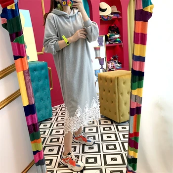 Femei Hooden Rochie Pulover Cadă Direct Mozaic Dantelă Lung Sweatershirt Pollover Dreeses Streetwear Feminin Casual Cheag