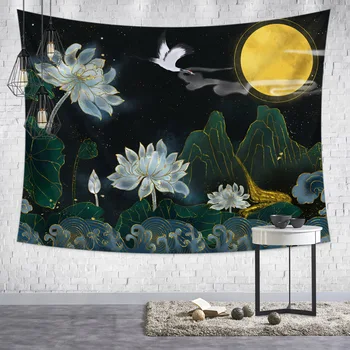 Japoneze Tapiserie De Perete Material Lotus A Crescut Luna Folk-Personalizat Peisaj De Noapte Acasă Camin De Perete Decor Pânză Pătură, Covor Tapiserii