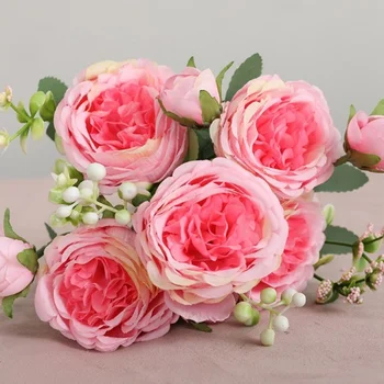 5 Cap Mare a Crescut de Mătase Roz Bujor Flori Artificiale Buchet de Flori False Nunta DIY Acasă Decor de Înaltă Calitate Accesorii Craft