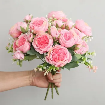 5 Cap Mare a Crescut de Mătase Roz Bujor Flori Artificiale Buchet de Flori False Nunta DIY Acasă Decor de Înaltă Calitate Accesorii Craft