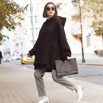 FSDA 2021 Toamna Iarna cu Maneca Lunga Supradimensionat Tricou Femei Vrac Negru Hanorac Casual Streetwear Rochie cu Gluga