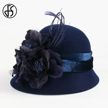 FS Iarnă Lână Neagră Pălării Fedora Pentru Femei Elegante Margine Largă Simțit Bowler Capace de Epocă Pene Pălării Cloche Doamnelor Biserica Fedoras