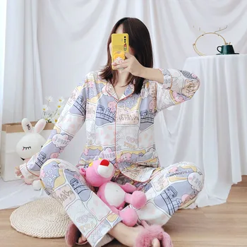 Femei Bumbac Maneca Lunga, Pijamale Toamna Pantaloni Lungi de Pijama Femei de Desene animate de Imprimare Sleepwear Haine de Acasă 2 Bucata Pijama Mujer