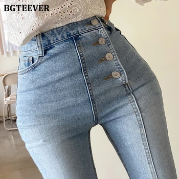 BGTEEVER Toamna High Street Slab Flare Jeans Pantaloni pentru Femei 2020 Casual, Talie Mare Neregulate Butoane Doamnelor Blugi Denim