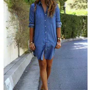 Femei Blugi Albastru Denim Tricou Rochie Mini cu Maneci Lungi Casual Solidă Fierbinte de Vânzare Tricou Vrac Rochie Mini