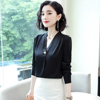 Coreea de Mătase pentru Femei Bluze Femei Elegante din Satin Bluza cu Maneca Lunga Tricouri Femei V-neck Tricou Alb Plus Dimensiune Blusas Mujer De Moda