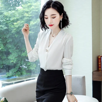 Coreea de Mătase pentru Femei Bluze Femei Elegante din Satin Bluza cu Maneca Lunga Tricouri Femei V-neck Tricou Alb Plus Dimensiune Blusas Mujer De Moda