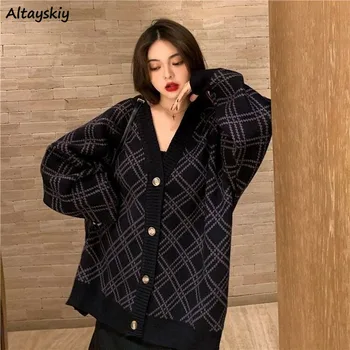 Pulovere Femei Geometrice Pieptul Singur Temperament V-Neck Loose Harajuku Femei Cardigan Elegant Raspandita Toamna Stil Coreean