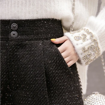 Flectit Femeile Fir Metalic pantaloni Scurți Tweed cu Royal Butonul Buzunar Lateral Talie Mare, Adaptate Pantaloni Toamna Iarna 2019
