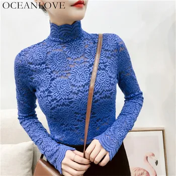 OCEANLOVE 2020 Primăvară Solid Broderie Femei Topuri din Dantelă Florale Retro Slim Bluza Guler Maneca Lunga Sexy Korean Tricouri 11093