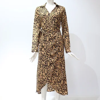 Femei De Moda Leopard Imprimate V Gât Bandaj Maneca Lunga Rândul Său, În Jos Guler Rochie Midi