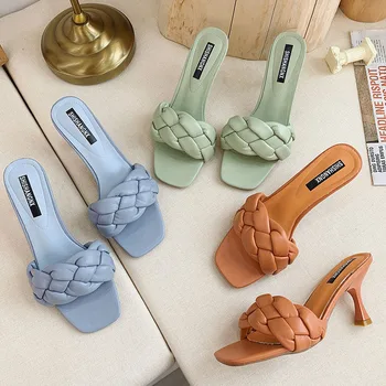 Femei Papuc Femei Subțire Toc Înalt Sandale Țese Designer 2021 Noi De Vara Alunecare Pe Sandale Maro În Aer Liber, Tobogane Flip Flop Pantofi