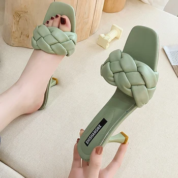 Femei Papuc Femei Subțire Toc Înalt Sandale Țese Designer 2021 Noi De Vara Alunecare Pe Sandale Maro În Aer Liber, Tobogane Flip Flop Pantofi