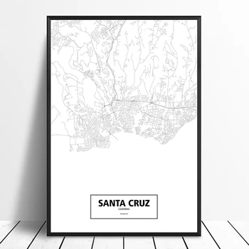 Santa Cruz, California, Statele Unite Ale Americii Negru Alb Personalizat Lume Hartă A Orașului Poster Canvas Print Stil Nordic Arta De Perete Decor Acasă