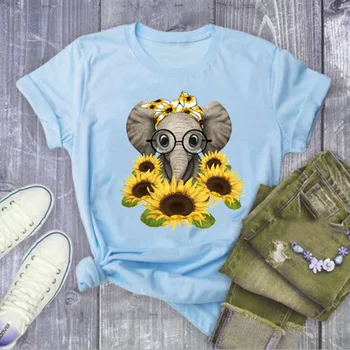Elefant de floarea-soarelui imprimare tricou femei casual cu maneci scurte o neck tee topuri de sex feminin de desene animate drăguț t-shirt femme imbracaminte