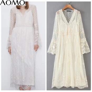 AOMO femei de moda elegant alb broderie dantelă rochie 2 piese maneca lunga femei solide rochie midi vestidos HY50A