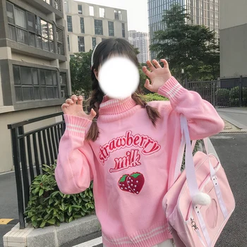 Pulovere pentru femei Japoneze Kawaii Ulzzang Cute Strawberry Liber Pulover Guler de sex Feminin coreeană Harajuku Îmbrăcăminte Pentru Femei