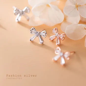 MloveAcc 925 Sterling Silver Bow Nod Cercei Stud pentru Femei Fete Cristal Cercei Argint Bijuterii de Nunta Cadou de Ziua Îndrăgostiților
