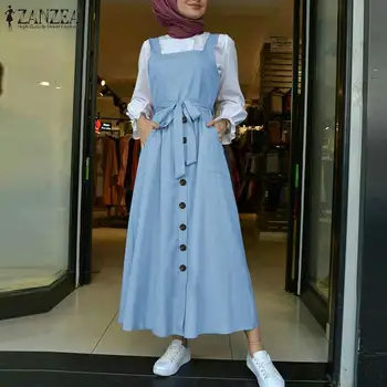 Toamna femei Salopete Vestidos de Moda Rochie Islamice ZANZEA 2021 Casual Solid a Rezervorului de Arabi Halat de sex Feminin Butonul Sundress S-5XL