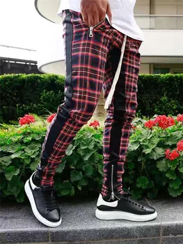 Bărbați de înaltă calitate versiunea coreeană verificat moda mozaic de potrivire de culoare mici picioare pantaloni slim casual sport pantaloni de creion