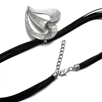 Epocă De Mare Argintiu Inima Pandantiv Colier Multi-Strat De Piele Neagră Lanțuri Cravată Femei Fata Etnice Pulover Bijuterii Cadouri Partid