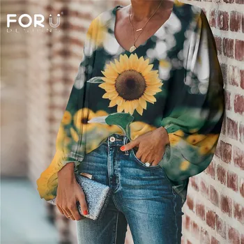 FORUDESIGNS Bluza Femei Modelul de Floarea-soarelui Femei Topuri si Bluze 2020 Mari Dimensiuni Tricouri Femei Îmbrăcăminte