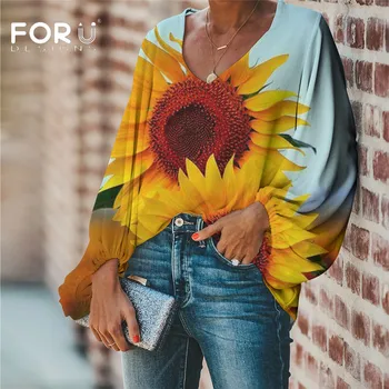 FORUDESIGNS Bluza Femei Modelul de Floarea-soarelui Femei Topuri si Bluze 2020 Mari Dimensiuni Tricouri Femei Îmbrăcăminte
