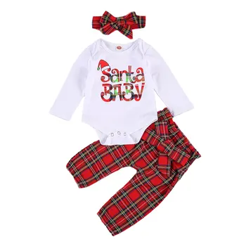 Copil Nou-Născut Fete Băieți 3 Buc Tinutele De Crăciun Costume, Cu Maneci Lungi Imprimate Romper Tricou Top + Carouri Pantaloni Lungi + Bow Headband