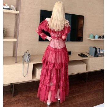 Solid roșu Rochie din Dantela Pentru Femei Talie Subțire Elegant Complet Maneca O-neck Maxi Vestidos Doamnelor Partid Rochie Lunga de sex Feminin 2020 Toamna