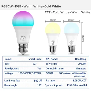 7W Bluetooth Inteligent Bec E27 LED RGB Lampa de Lucru cu Alexa/Google Acasa 85-265V CCT/RGBCW Estompat Funcția Timer Magic Bec