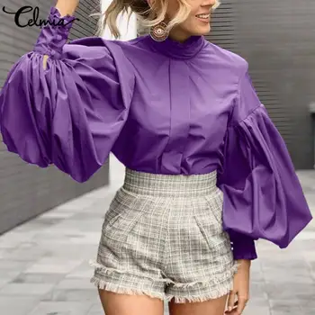 Elegant pentru Femei Cămăși Albe Celmia 2021 Moda Felinar Lung Bluze cu Maneca Toamna Stand Guler Casual Vrac Solid Blusas Mujer