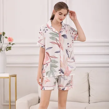 2 buc Set de Pijama Femei Stil Simplu Sleepwear 2019 Vara Noi Florale Imprimate Guler de Turn-down Top+pantaloni Scurți Confort Homewear Set