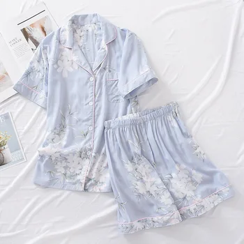 2 buc Set de Pijama Femei Stil Simplu Sleepwear 2019 Vara Noi Florale Imprimate Guler de Turn-down Top+pantaloni Scurți Confort Homewear Set