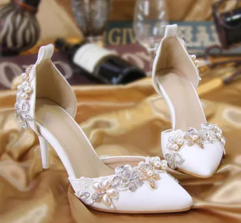 Femei Pantofi De Cristal Un Cuvânt Ascuțit Centura De Dimensiuni Mici 33 Toc Perla Flori Mireasa, Domnisoara De Onoare Printesa De Nunta Pantofi De Dimensiuni Mari