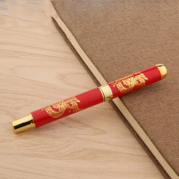 Elegante Stilou Chinezesc Roșu De Porțelan, De Metal De Aur Dragon Mediu Peniță Papetărie Student De Birou Rechizite De Cerneală Pixuri