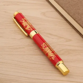 Elegante Stilou Chinezesc Roșu De Porțelan, De Metal De Aur Dragon Mediu Peniță Papetărie Student De Birou Rechizite De Cerneală Pixuri