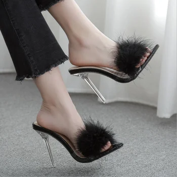 DM110 Femeie pantofi de Cristal Transparent tocuri Femeie Pene de Blană Papuci de casă Pompe de Femei Peep toe Catâri Doamna drăguț de pluș Papuci