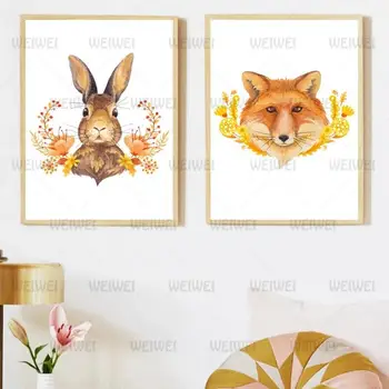 Acasă Decor Poster Flori Galbene și Animale, Iepure, Vulpe, Cerb Art Decor Panza Pictura Hd Imprimare Imagini