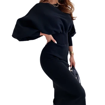 2020 Tendință De Moda Femei Casual Culoare Solidă Rochie Elegante Lungi Gâtul Rundă Felinar Manșon Elastic Talie Subțire Montarea Rochie De Teaca