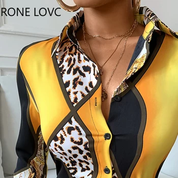Femei leopard de Imprimare Negre Nasturi Maneca Lunga Tricou Femei Topuri si Bluze