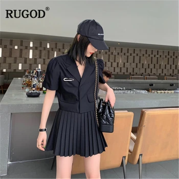 RUGOD 2019 New Sosire Femei Solide de Moda Set Puf Mâneci Scurte Sacou Costum Ruched Plisata Mini Skrt Temperament Dulce de Vară