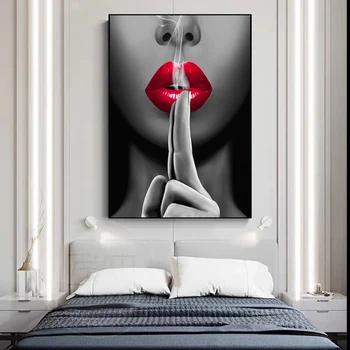 Sexy Buze Roșii Panza Pictura de Arta Fata de Fumat Postere si Printuri de Arta de Perete Moderne Imagine pentru Camera de zi Bar de Decor Acasă