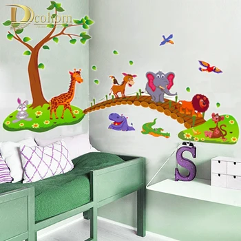 Desene animate de Animale Junglă, Girafa, Elefant, Păsări, Copac Autocolant de Perete Camera pentru Copii Decor de Vinil 3D Copii Decalcomanii de Perete Pepinieră Poster