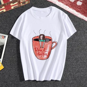 Tricou Femei 2019 Noi de vara personalitate cafea fată Tricou Harajuku estetica Secțiune Subțire Feminin Alb T-shirt, Blaturi de îmbrăcăminte