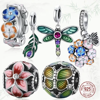 925 de bijuterii de argint grădină Libelula fantezie fluture mici colorate Hortensie Pene de Păun Farmecul Șirag de mărgele Brățară