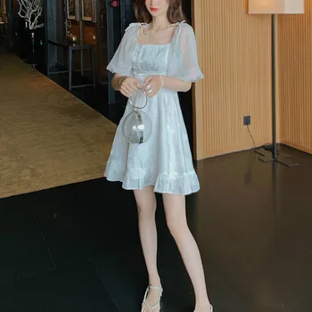Franceză Rochie Femei Elegante Puff Maneca Mini Zână Rochie De Vară 2020 Coreeană Japonia Stil Kawaii Vintage Retro Alb Curcubeu Rochie