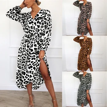 2020 Leopard Rochie de Petrecere Rochie Complet Liber Maneca Lunga V-gât Adânc O-linie Sexy Șifon Plajă Lungă de Femei Casual de Vara Naturale