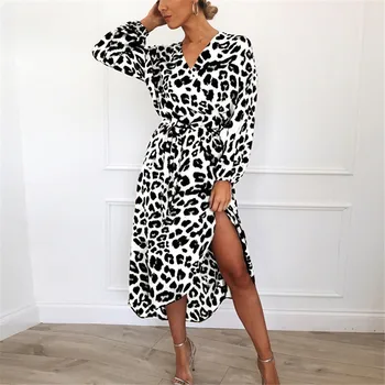 2020 Leopard Rochie de Petrecere Rochie Complet Liber Maneca Lunga V-gât Adânc O-linie Sexy Șifon Plajă Lungă de Femei Casual de Vara Naturale